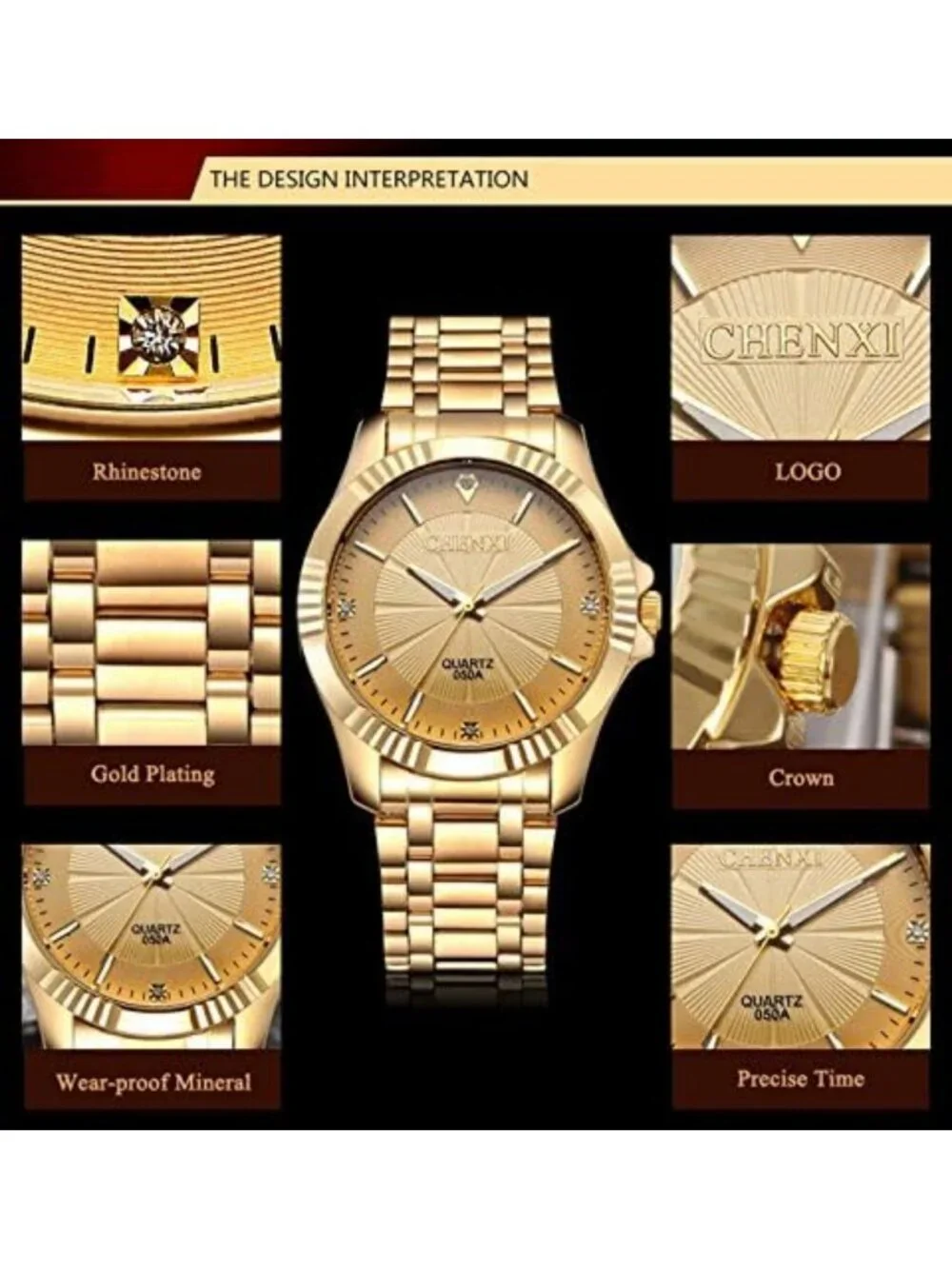 Classic Gold Stainless Steel Men's Watch with Crystals - Stylish & Elegant